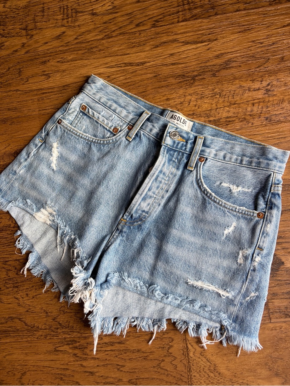 AGOLDE Light Blue Distressed Denim Shorts 26